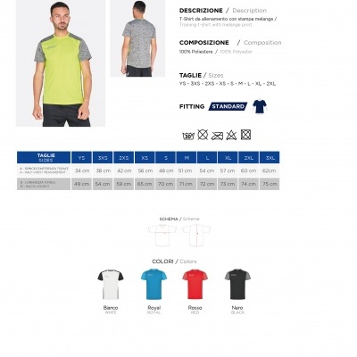 Folheto de T-shirt Zeus Click em várias cores e tamanhos com modelo a usar a versão verde-lima e cinza melange