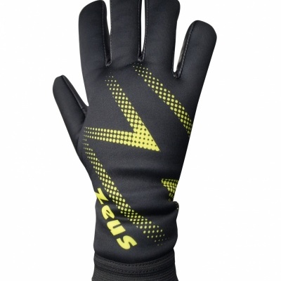 Luva preta com detalhes amarelos e palavra ZEUS em amarelo
