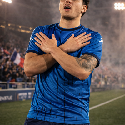 Jogador de futebol com camisola azul e calções azul escuro da marca Zeus em estádio iluminado