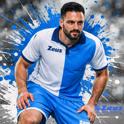 Homem com fato desportivo azul e branco da marca Zeus com logo visível e fundo artístico de tinta azul