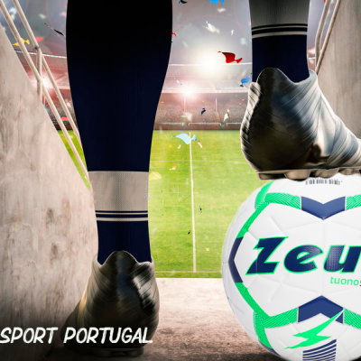 Bola de futebol Zeus com pernas e chuteiras em túnel