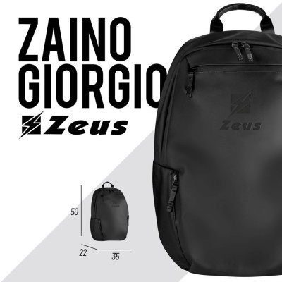 Mochila preta com logo Zeus e texto ZAINO GIORGIO Zeus