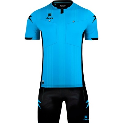 Conjunto de equipamento desportivo azul e preto com logo Zeus