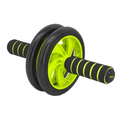 Roda de exercício com duas rodas pretas e verdes e pega com riscas verdes