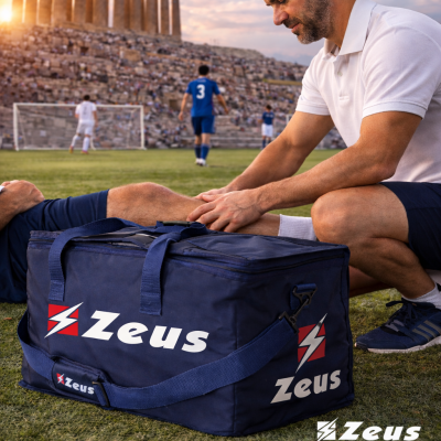 Mala desportiva azul escura Zeus com homem a massajar jogador num campo de futebol