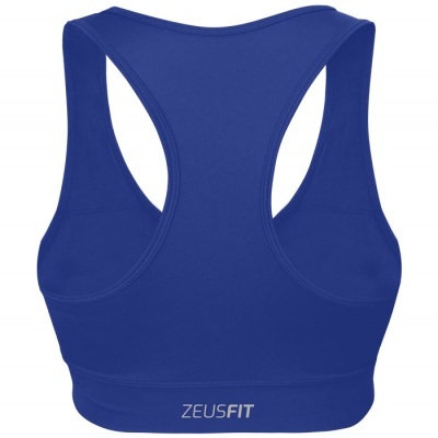 Top desportivo azul com design de costas nadador e texto ZEUSFIT