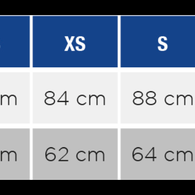 Tabela de tamanhos com medidas de torax e cintura para vários tamanhos.