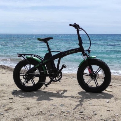 Bicicleta elétrica preta dobrável ZEUS com pneus grossos preto e verde na praia