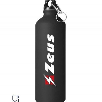 Garrafa metálica preta com texto Zeus e logotipo vermelho e branco