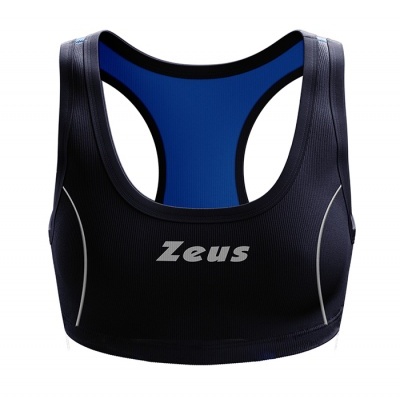 Top desportivo preto com logo Zeus e detalhes azuis