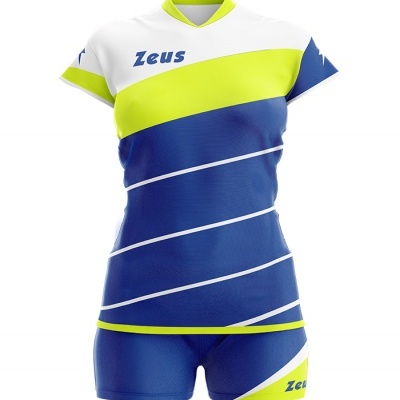 Conjunto desportivo feminino branco, amarelo e azul com texto Zeus