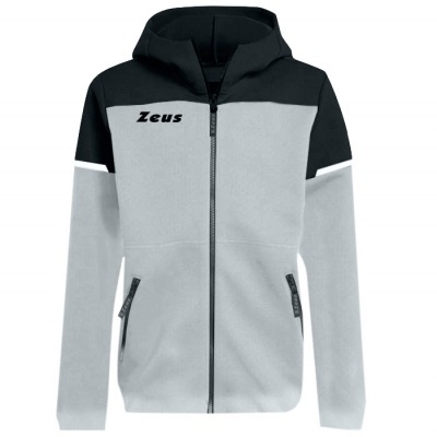 Casaco esportivo cinza e preto com capuz e fecho, texto Zeus no peito