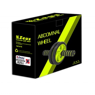 Caixa preta e verde de roda abdominal para exercícios com texto e etiquetas visíveis