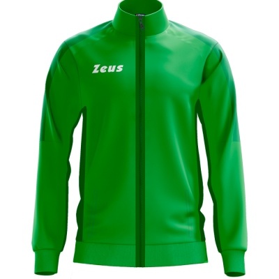 Casaco desportivo verde com fecho de correr e palavra 'Zeus' no peito