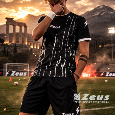 Jovem com equipamento desportivo preto e branco com a marca Zeus num campo de futebol ao pôr-do-sol