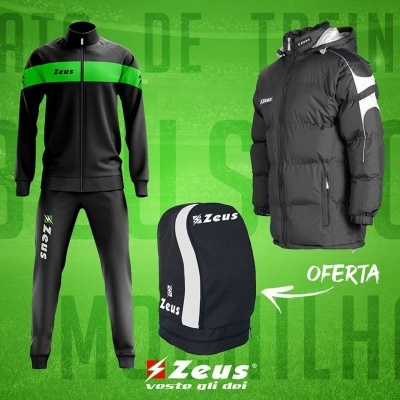 Conjunto desportivo Zeus preto e verde com mochila e casaco acolchoado em fundo verde