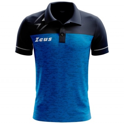 Polo azul e preto com texto Zeus no peito