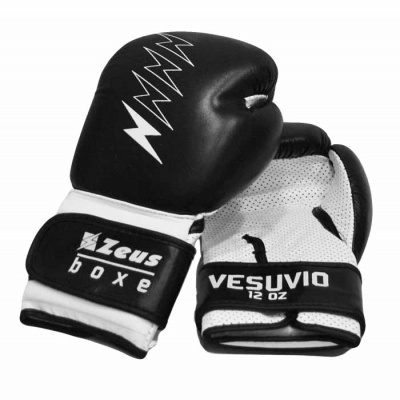 Luvas de boxe pretas e brancas com texto Zeus boxe e VESUVIO 12 OZ