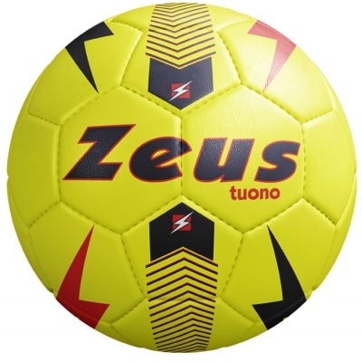 Bola de futebol amarela com marca Zeus tuono preta e vermelha