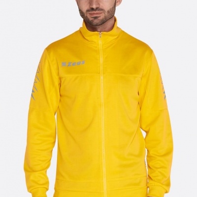 Casaco desportivo amarelo com fecho à frente e logotipo ZEUS