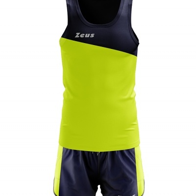 Conjunto desportivo azul escuro e amarelo com texto Zeus