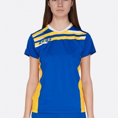 Conjunto desportivo feminino azul e amarelo com logótipo Zeus