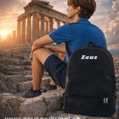 Mochila preta Zeus com jovem e Pártenon ao pôr do sol