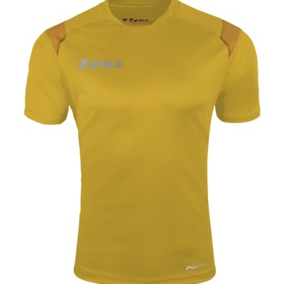 Camiseta desportiva amarela com texto Zeus cinza