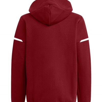 Casaco vermelho escuro com capuz e faixas brancas nas mangas