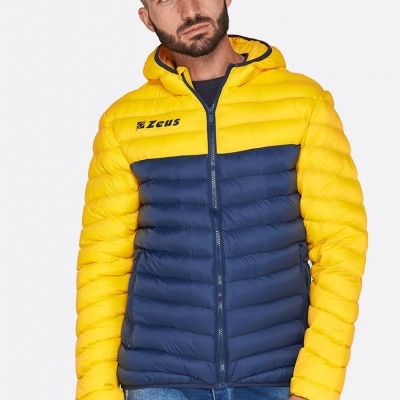 Casaco acolchoado amarelo e azul com capuz e fecho de correr, logótipo ZEUS no peito