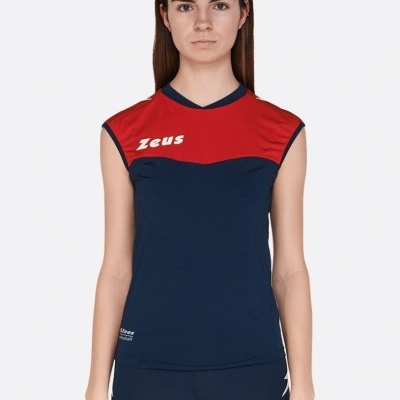 Conjunto desportivo feminino azul escuro e vermelho com logótipo Zeus