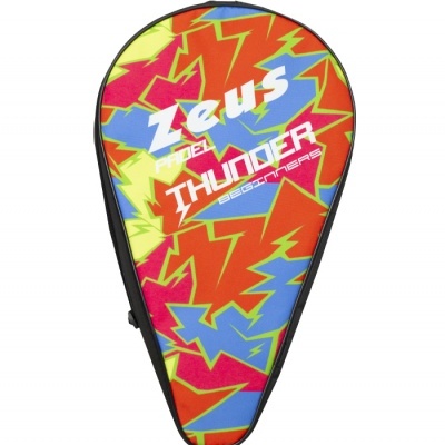 Capa protetora colorida para raquete ou padel com padrão de raios e texto 'ZEUS PADEL THUNDER BEATERS'.