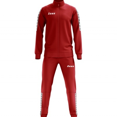 Fato de treino vermelho com texto Zeus e fitas brancas nas mangas e pernas