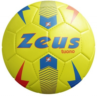 Bola de futebol amarela com texto Zeus tuono e padrões coloridos