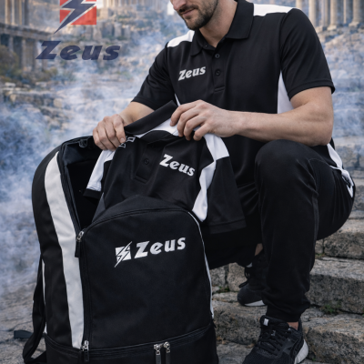 Homem com camisa polo preta e branca Zeus com mochila e camiseta dentro, sentado em escadas de pedra com ruínas ao fundo