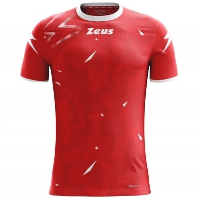 T-shirt desportiva vermelha com padrões geométricos e detalhes brancos