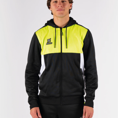 Casaco desportivo preto, amarelo fluorescente e branco com capuz e fecho de correr