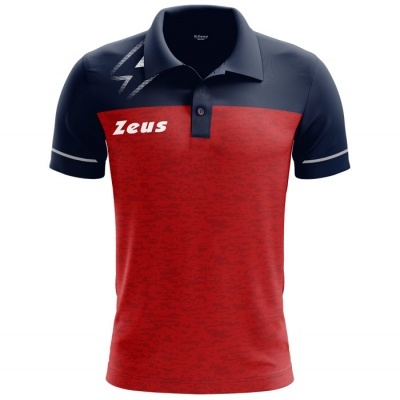 Polo masculino azul escuro e vermelho com logo Zeus no peito