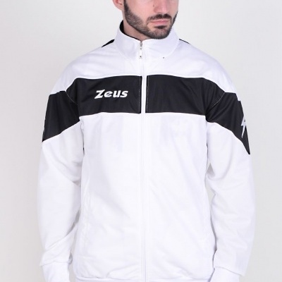 Casaco desportivo branco e preto com fecho de correr e logo Zeus