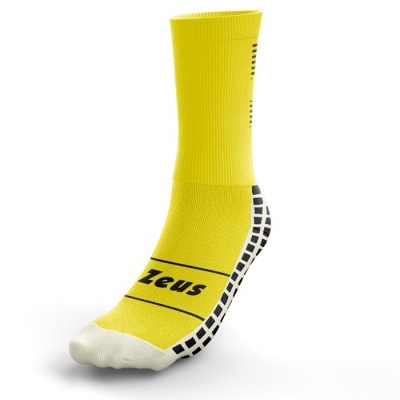 Meia desportiva amarela com detalhes em branco e preto e texto Zeus