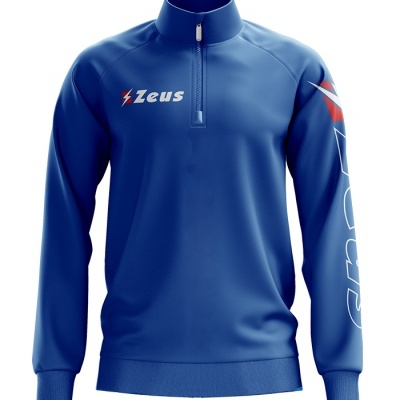 Sweatshirt azul com fecho e texto ZEUS branco e vermelho