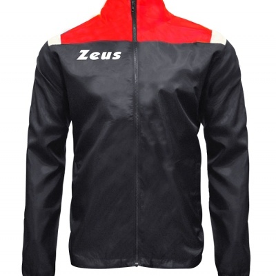 Casaco desportivo preto com vermelho e branco e logo Zeus no peito