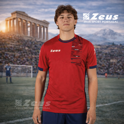 Jovem com t-shirt desportiva vermelha Zeus em campo de futebol com ruínas antigas ao fundo.