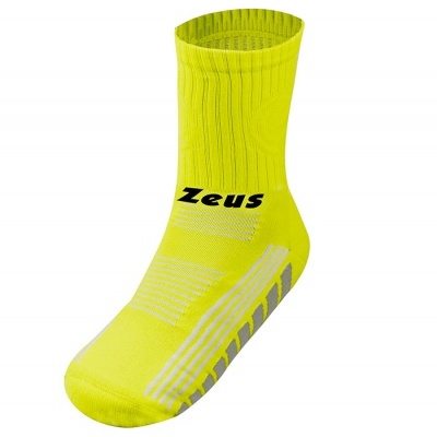 Meia desportiva amarela fluorescente com padrões cinza e logo Zeus