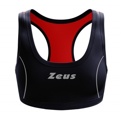 Top desportivo preto com interior vermelho e texto Zeus