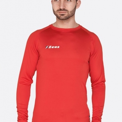 Camisola vermelha de manga comprida com texto Zeus usada por homem