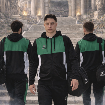 Homens com fato de treino Zeus preto, verde e branco frente a estádio Zeus Stadium.