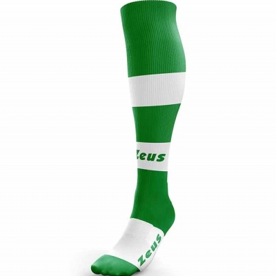 Meia desportiva verde com faixas brancas e texto ZEUS