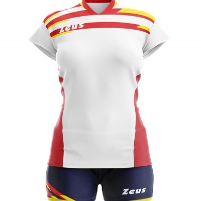 Conjunto desportivo feminino branco, vermelho, amarelo e azul com logo Zeus