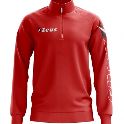 Sweatshirt vermelha com fecho e texto Zeus em branco